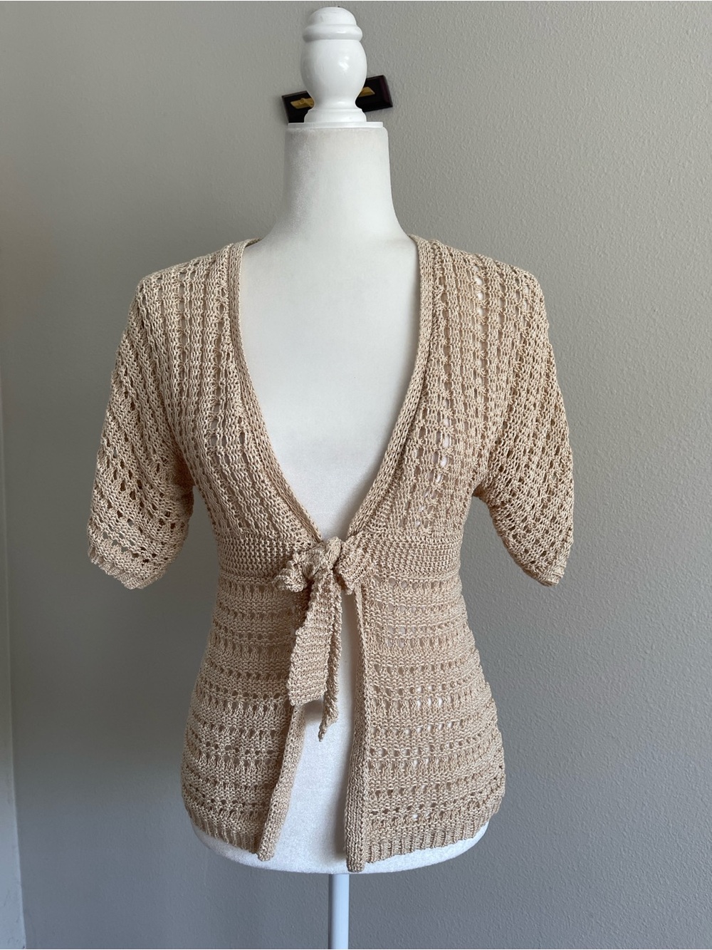 Women's Crochet Tie-Front Shrug in Beige